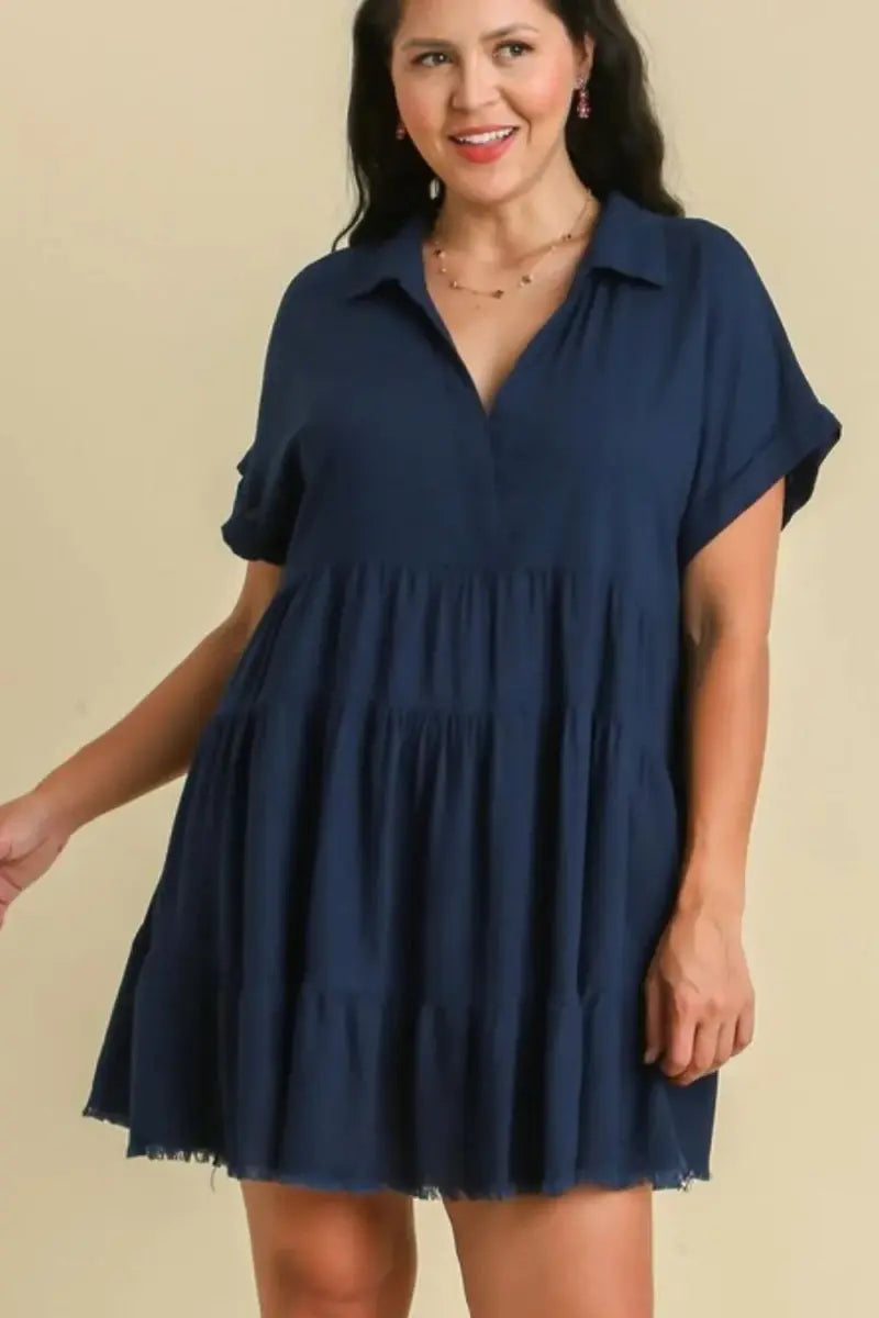 Umgee Full Size Raw Hem Folded Sleeve Tiered Dress Plus Size - Love Salve